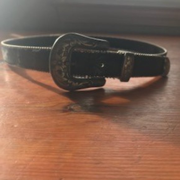 Vintage Robbie Nelson Black Leather Belt w/ Gold Tone Buckle | Size L Robbie Nelson | Accessories | Robbie Nelson Tooled Black  main image 3